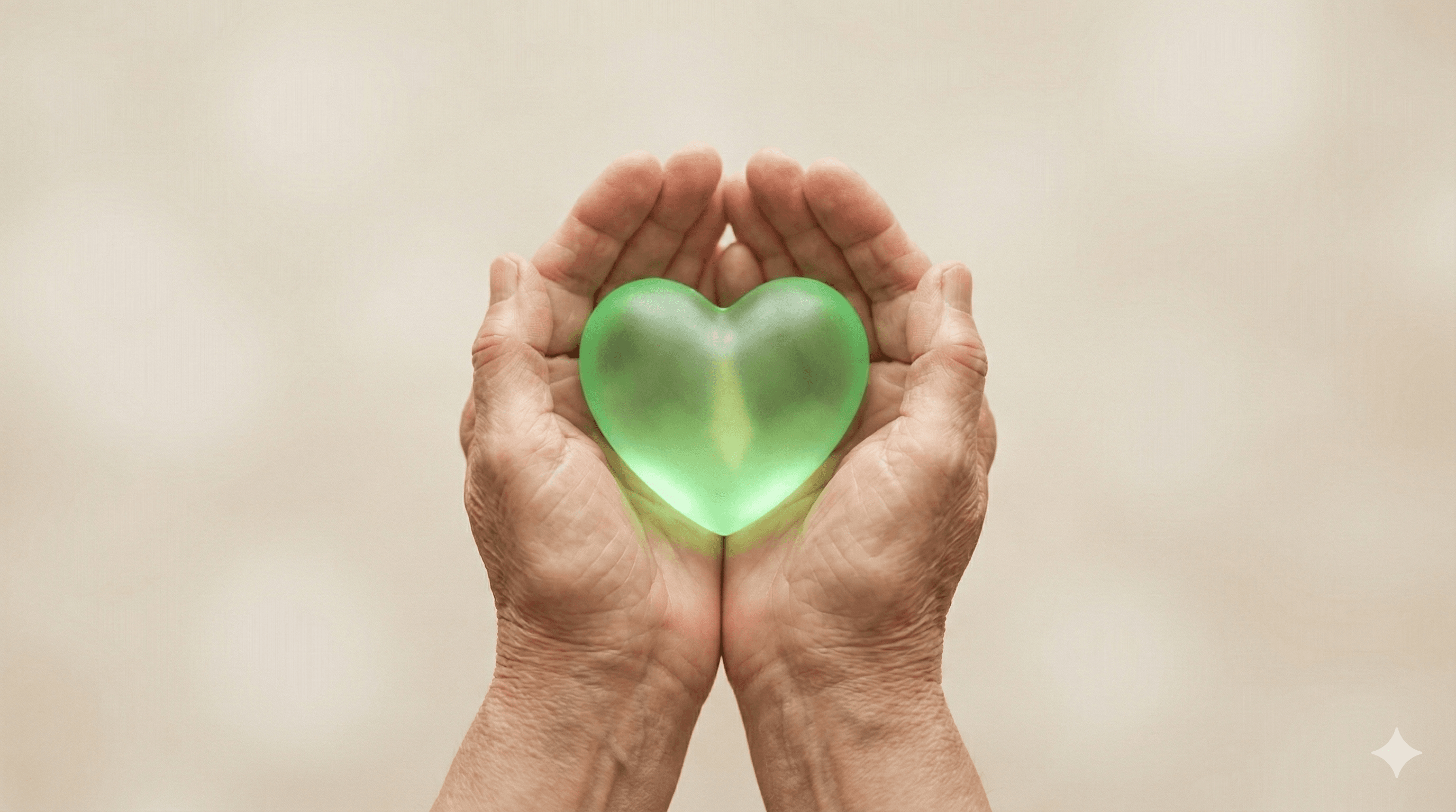 Duas mãos segurando um coração verde simbolizando cuidado e acolhimento